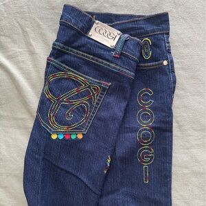 COOGI Navy Blue Wide-Leg Jeans with Multicolor Embroidery - 34” W